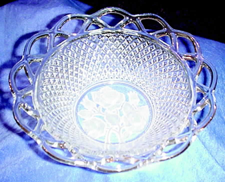 Laced Edge Floral Frosted Clear 9" Round Bowl by Imperial Glass-Ohio-1