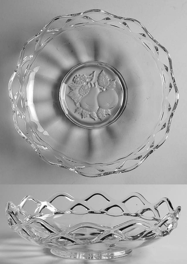 Intaglio Fruit Laced Edge (Line 7499) 8" Shallow Round Bowl by Imperial Glass-Ohio-1