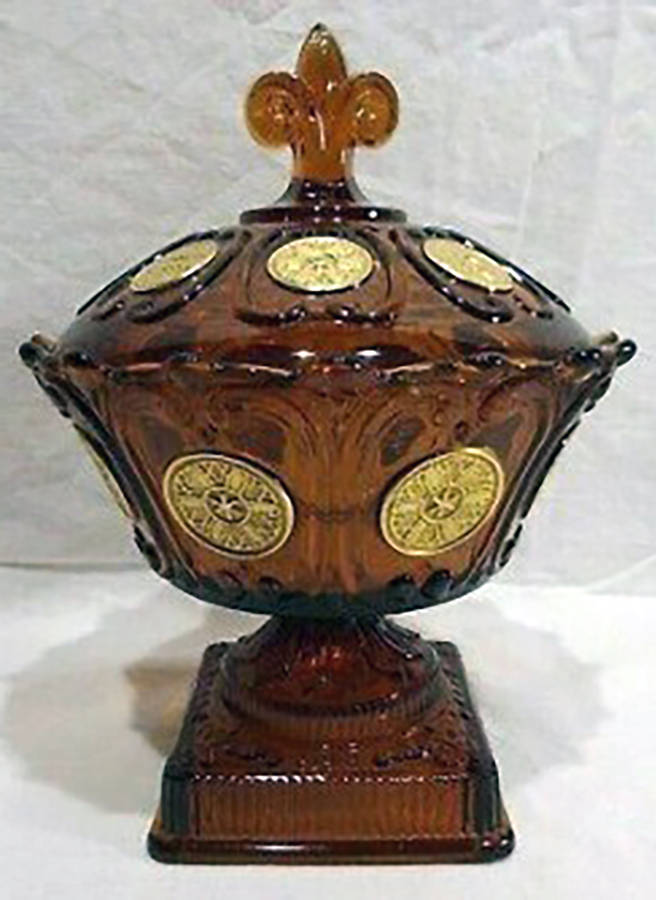 Antique Buttons Amber Wedding Bowl with Lid by Imperial Glass-Ohio-1