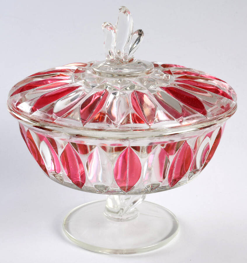 Lotus Blossom Ruby Flashed Footed Candy Dish & Lid by Indiana Glass-1