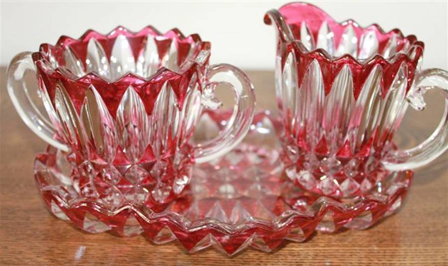 Lotus Blossom Ruby Flashed Creamer, Sugar and Tray Set by Indiana Glass-1