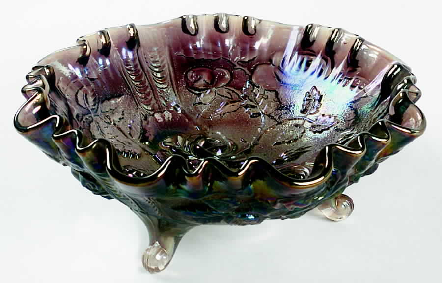 Open Rose Smoke Carnival (Newer) Double Crimped Three Toed Bowl by Imperial Glass-Ohio-1