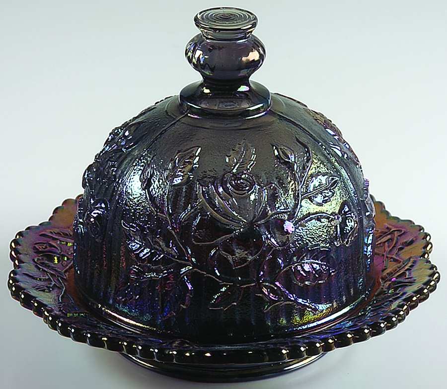 Open Rose Smoke Carnival (Newer) Round Covered Butter by Imperial Glass-Ohio-1