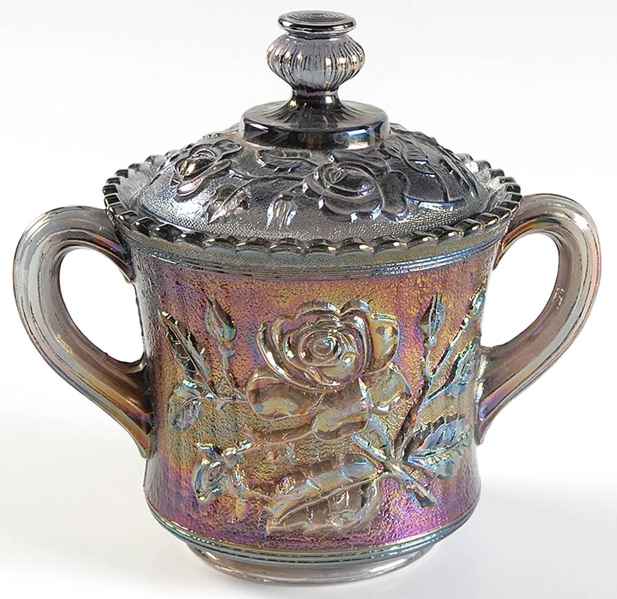 Open Rose Smoke Carnival (Newer) Sugar Bowl & Lid by Imperial Glass-Ohio-1