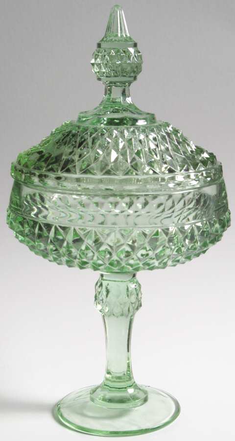 Diamond Point Light Green Candy Dish & Lid by Indiana Glass-1