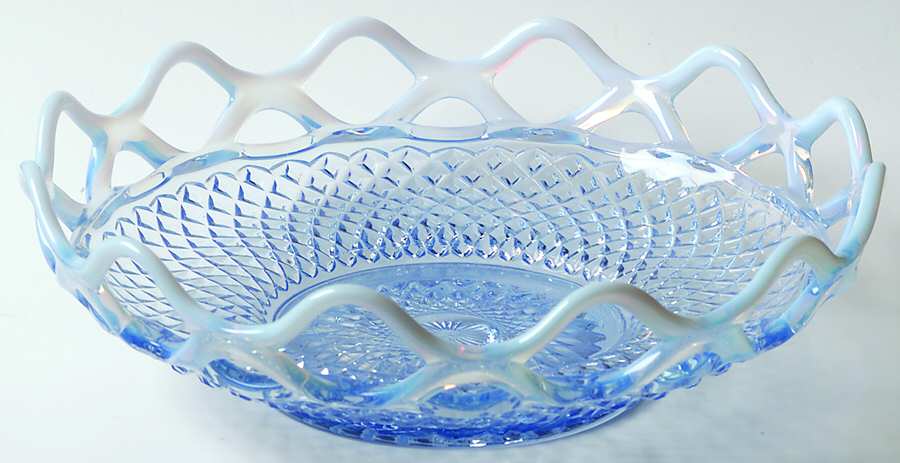 Laced Edge Blue Opalescent (Genie) 8" Shallow Round Bowl by Imperial Glass-Ohio-1