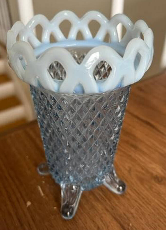 Laced Edge Blue Opalescent (Sugar Cane) 5" 4-Toed Flower Vase by Imperial Glass-Ohio-1