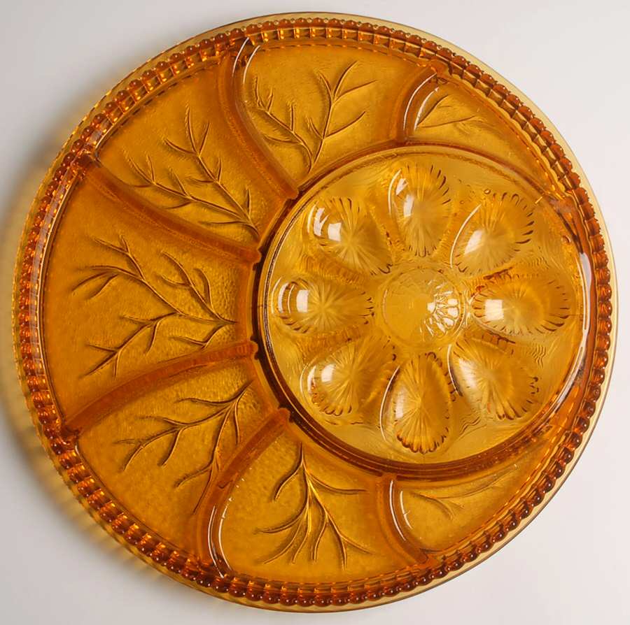 Pebble Leaf Amber 13" Round 8 Egg, 7 Section Egg & Relish by Indiana Glass-1