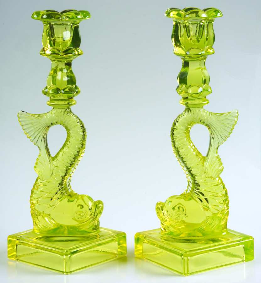 Animals & Figurines Set of 2 10" M.M.A. Vaseline Dolphin Candlestick by Imperial Glass-Ohio-1