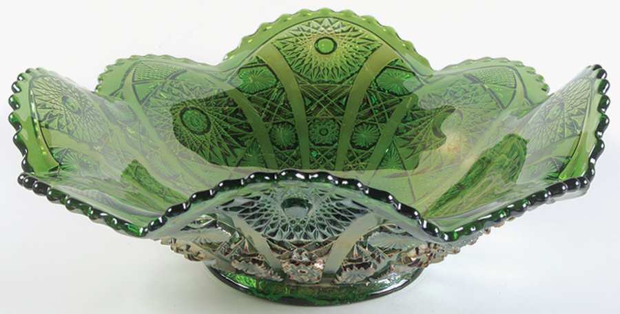 Daisy and Button Green Carnival 11" Round Crimped Bowl by Imperial Glass-Ohio-1