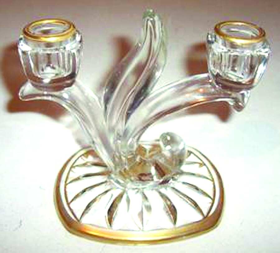 Lotus Blossom Gold Trim Double Light Candlestick by Indiana Glass-1