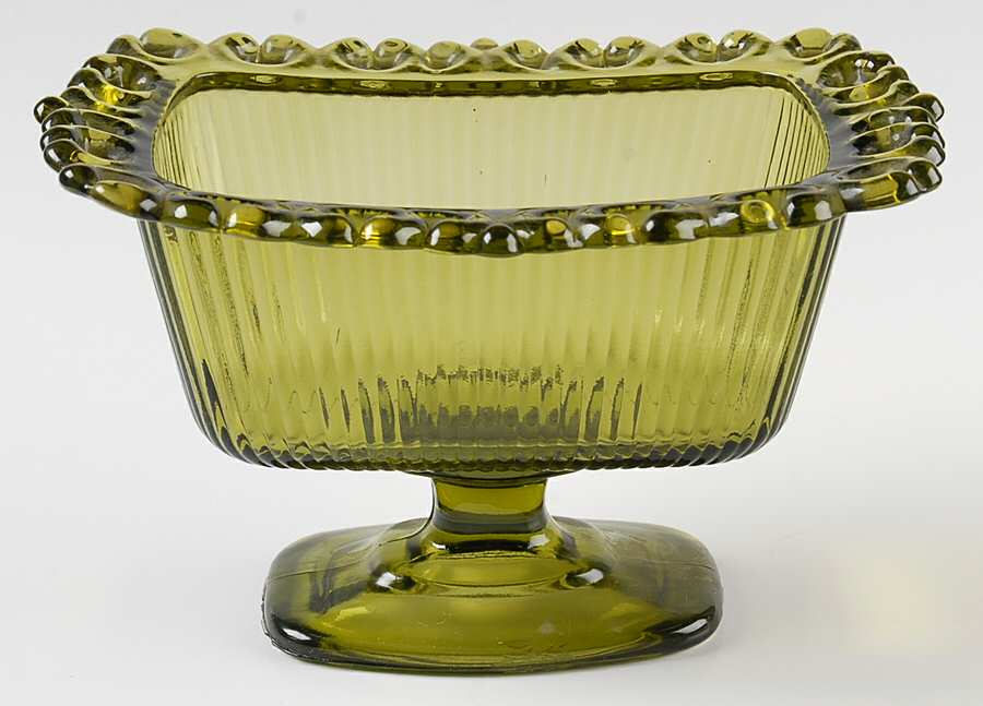 Lace Edge Olive Green Footed Candy Box No Lid by Indiana Glass-1