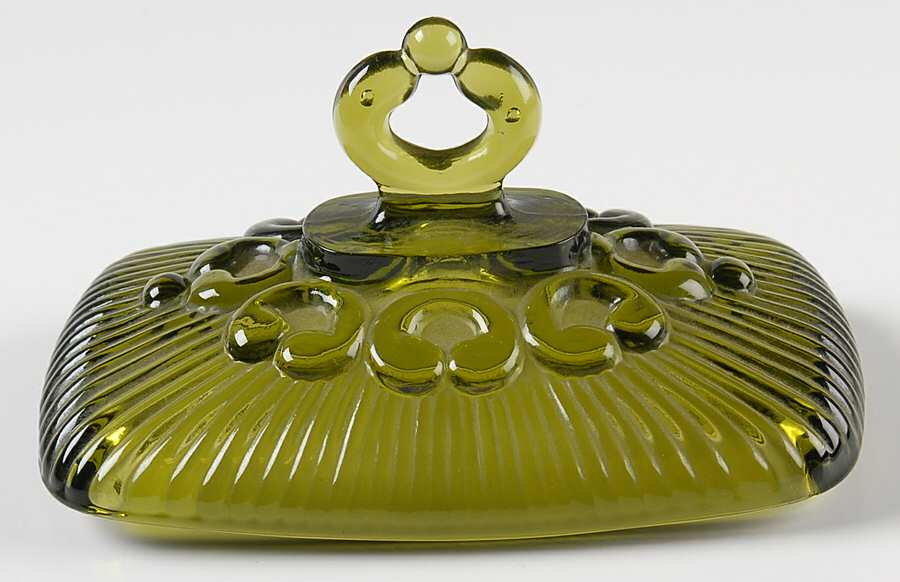 Lace Edge Olive Green Lid for Footed Candy Box by Indiana Glass-1