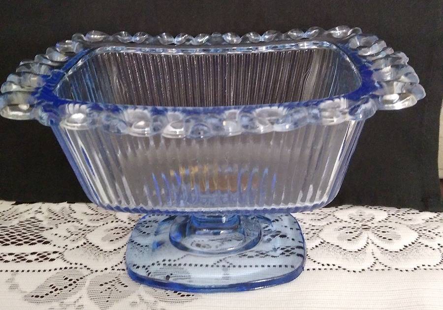Lace Edge Horizon Blue Footed Candy Box No Lid by Indiana Glass-1