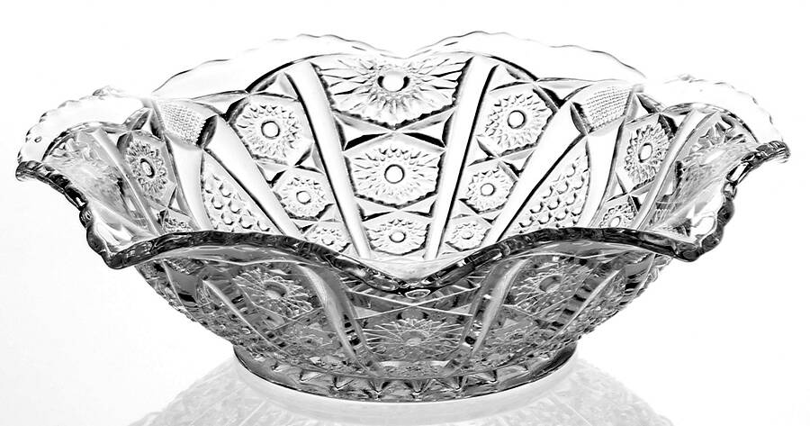 Paneled Daisy and Finecut Clear 9" Round Crimped Bowl by Indiana Glass-1