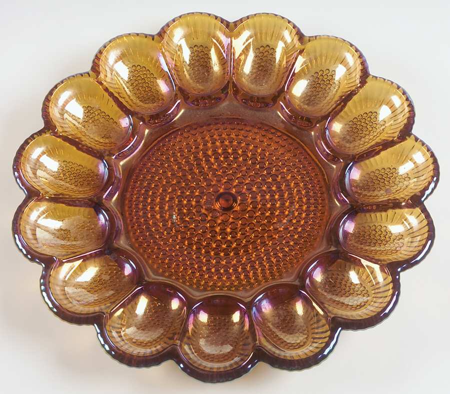 Hobnail Amber Carnival 11" 15 Egg, Round Egg & Relish Tray by Indiana Glass-1