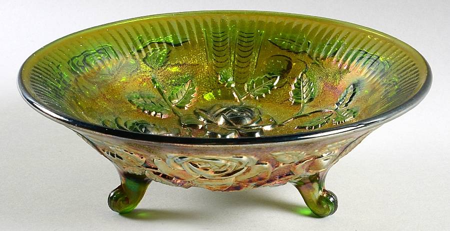 Open Rose Green Carnival 8" 3-Toed Footed Bowl by Imperial Glass-Ohio-1