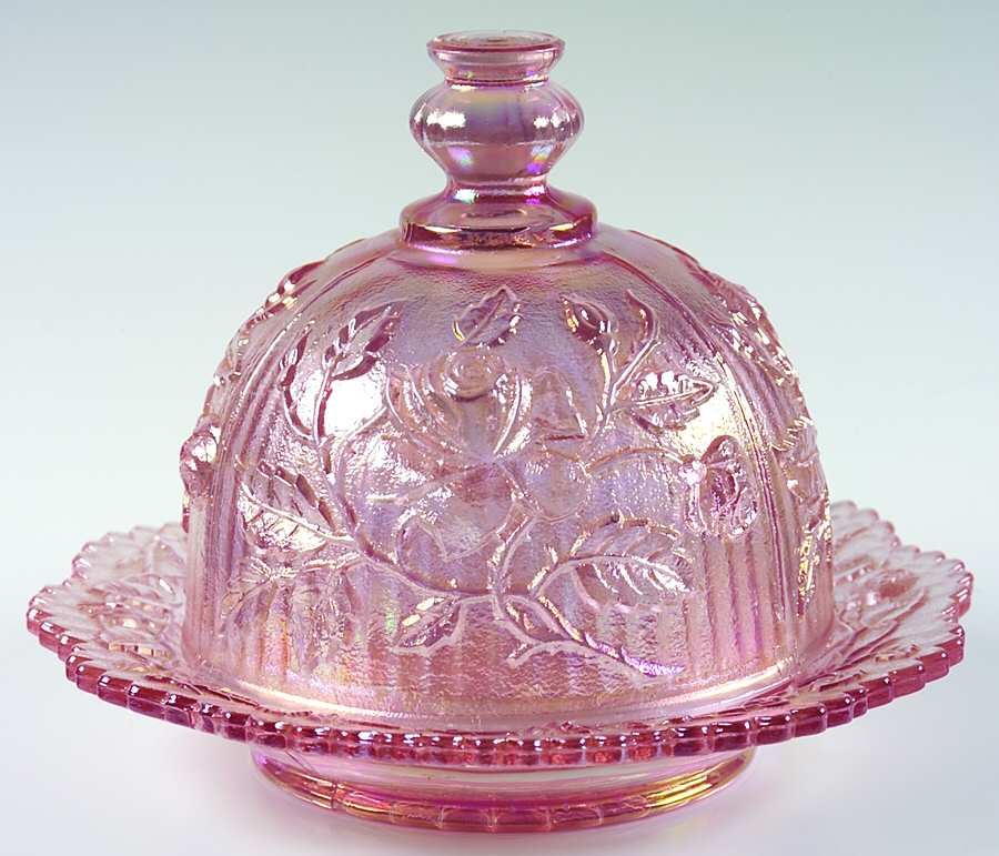 Open Rose Pink Carnival Round Covered Butter by Imperial Glass-Ohio-1