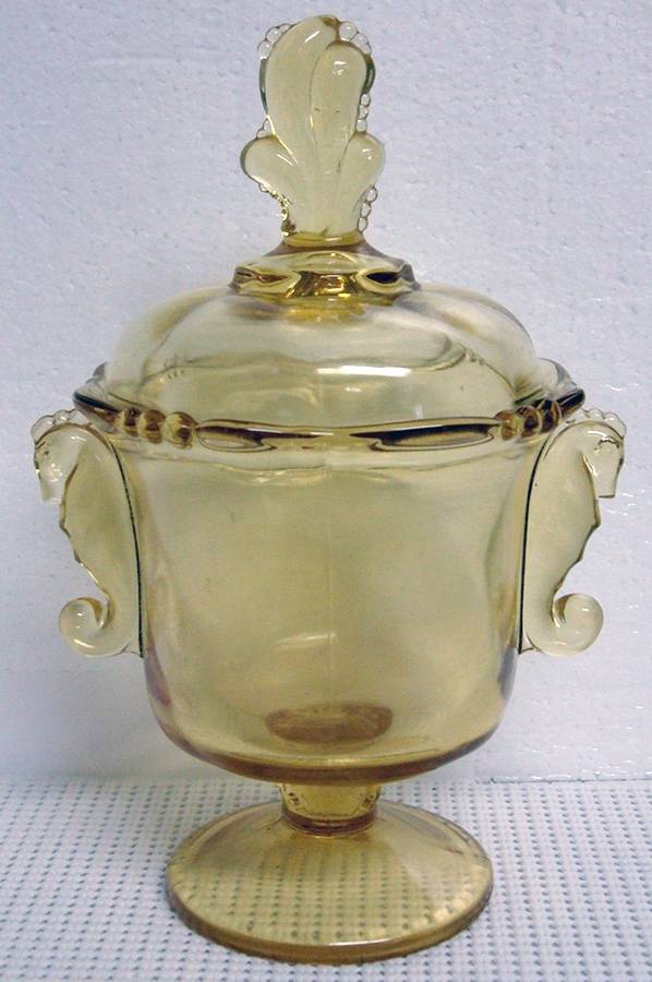 Heisey By Imperial Animals & Figurines Yellow Candy Dish & Lid W/Seahorse Handles by Imperial Glass-Ohio-1