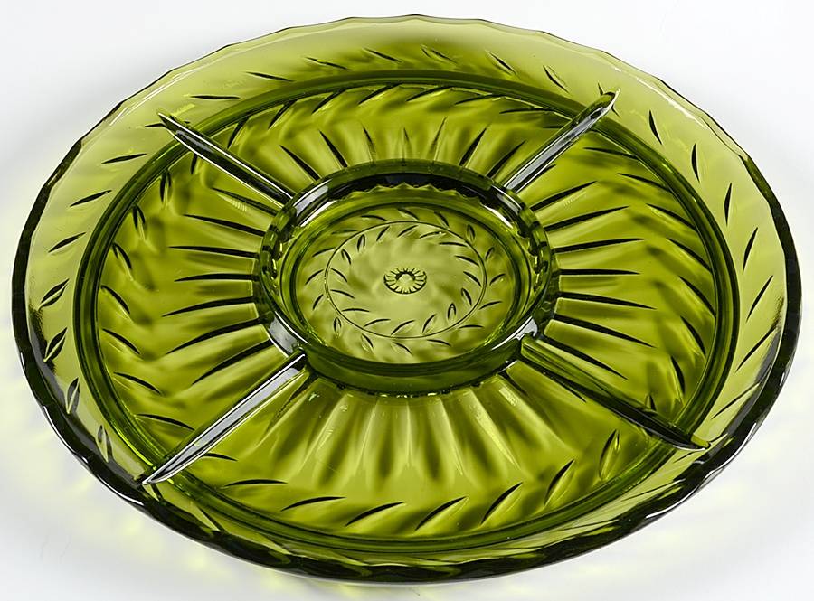 Laurel Green (Avocado) 13" Round 5 Part Relish by Indiana Glass-1