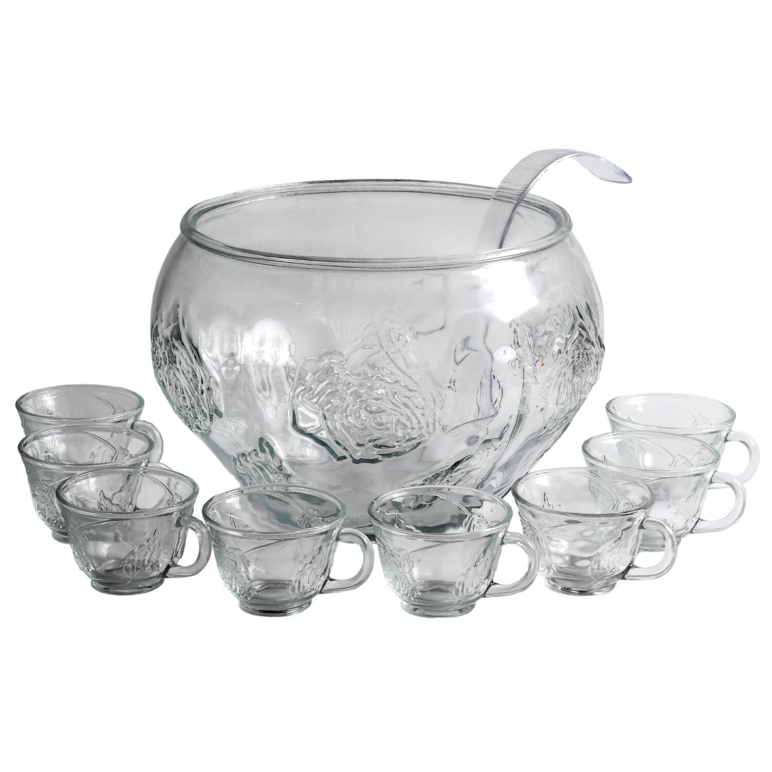 Floral (10 Pc) Punch Set (Bowl,8 Cups,Plastic Ladle,Hooks by Indiana Glass-1
