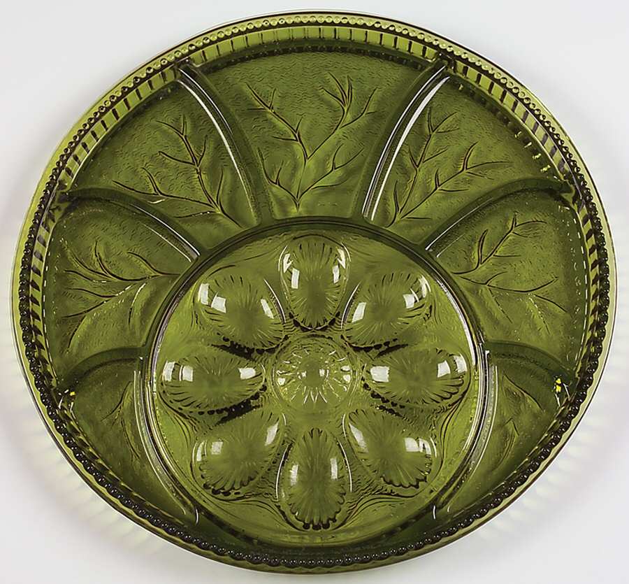 Pebble Leaf Green (Avocado) 13" Round 8 Egg, 7 Section Egg & Relish by Indiana Glass-1