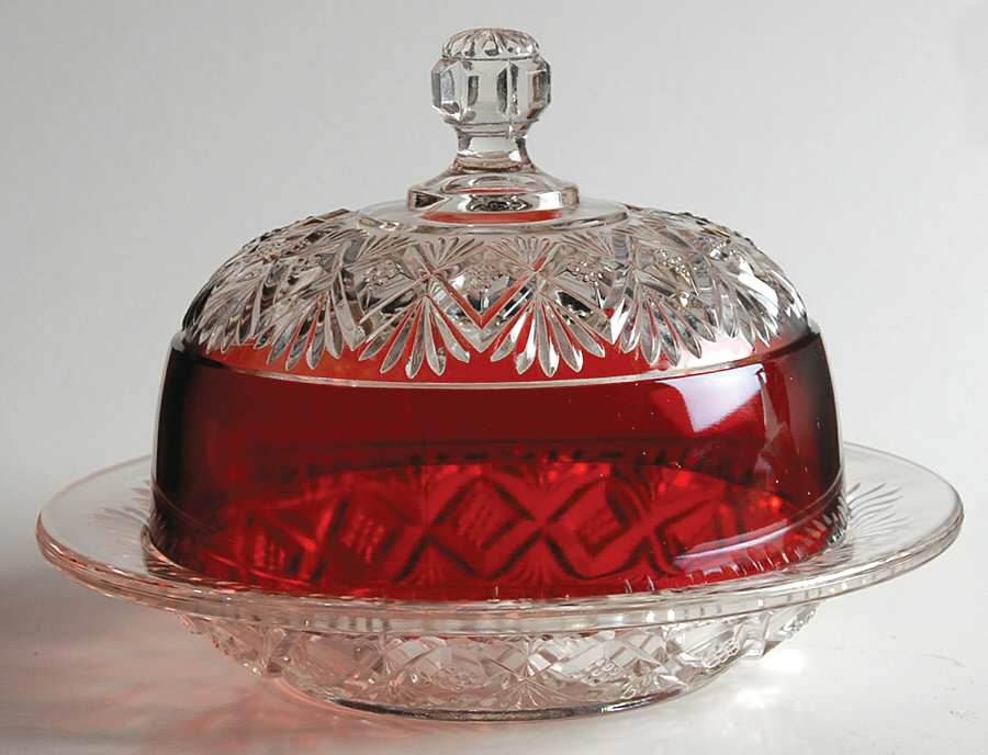 Diamonds with Double Fans Ruby Flash Round Covered Butter by Indiana Glass-1