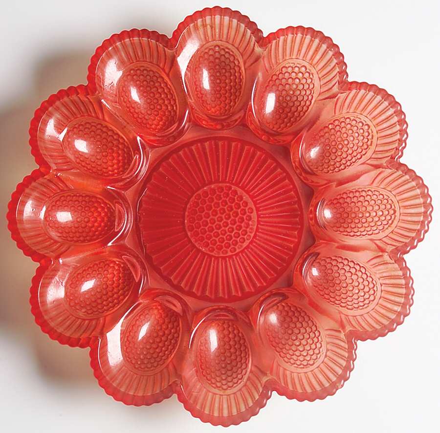 Hobnail Red 9" 12 Egg, Round Egg & Relish Tray by Indiana Glass-1