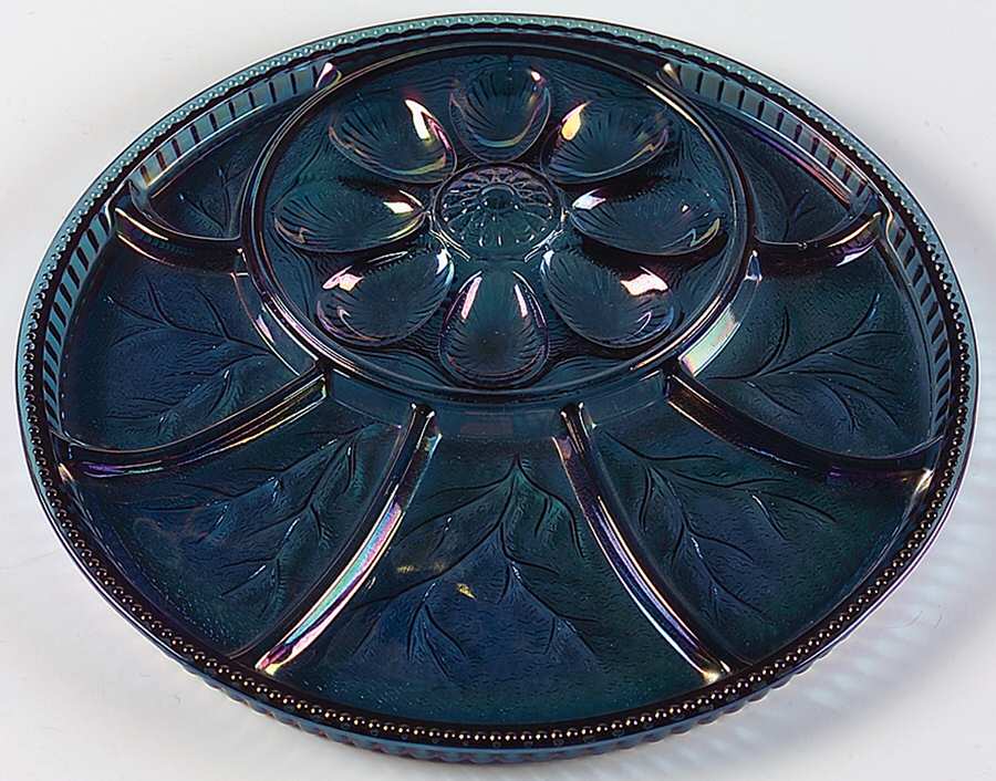 Pebble Leaf Carnival Blue 13" Round 8 Egg, 7 Section Egg & Relish by Indiana Glass-1