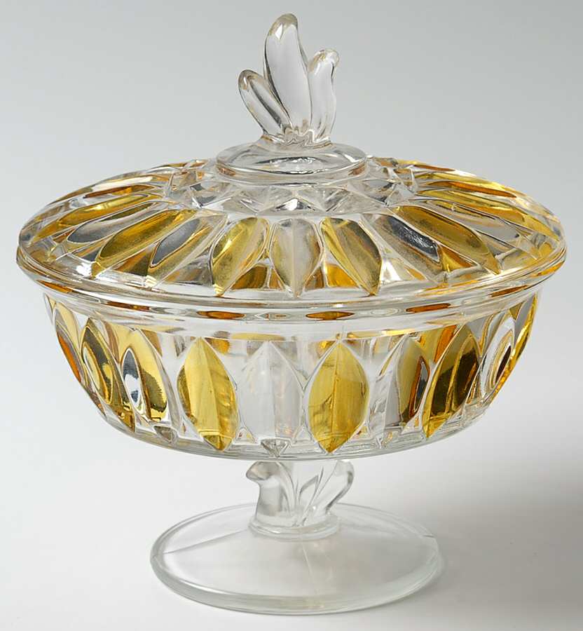 Lotus Blossom Yellow Flashed Footed Candy Dish & Lid by Indiana Glass-1
