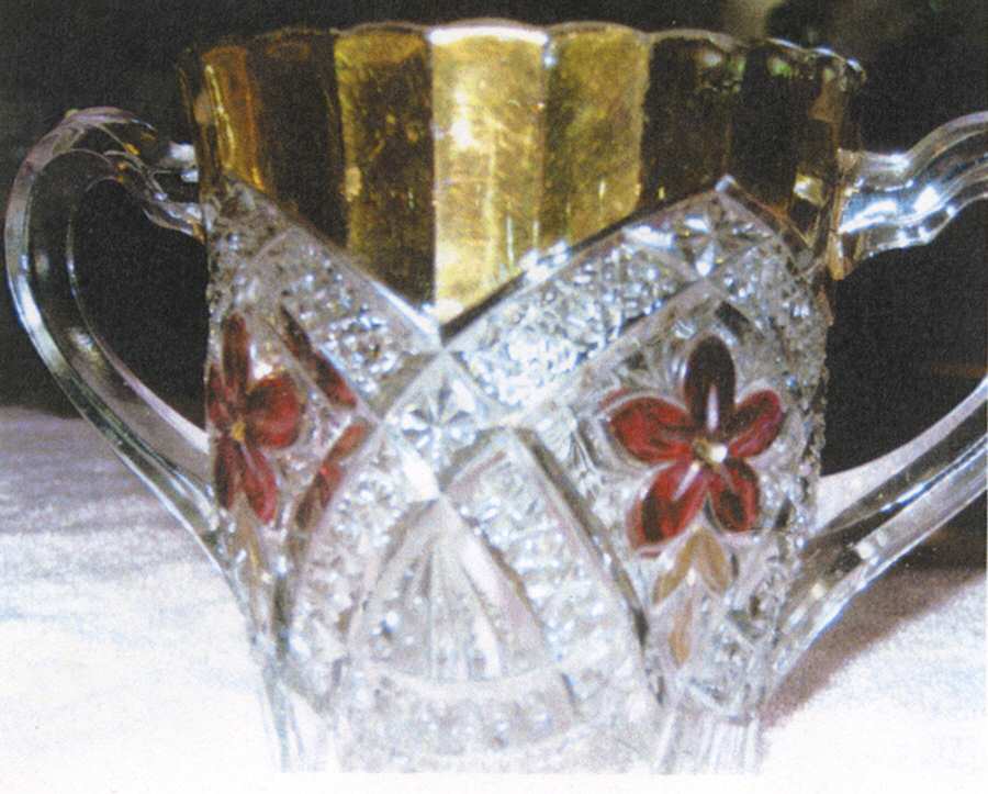 Flower Medallion Flashed Gold Open Sugar by Indiana Glass-1