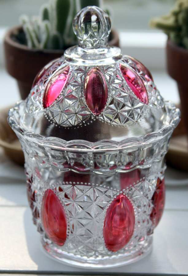 Oregon Clear (Ruby Flashed) Candy Dish & Lid by Imperial Glass-Ohio-1