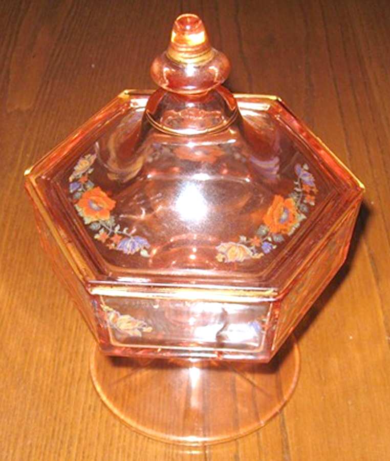 Decal Pink Tall Footed Candy Box with Lid by Imperial Glass-Ohio-1