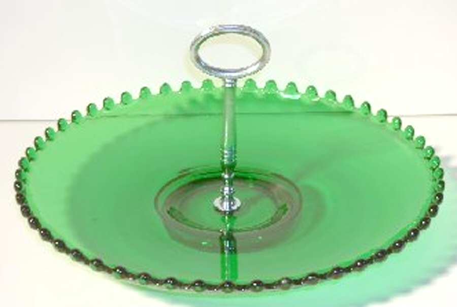 Candlewick Green (Evergreen) 10" Tray with Center Metal Handle by Imperial Glass-Ohio-1