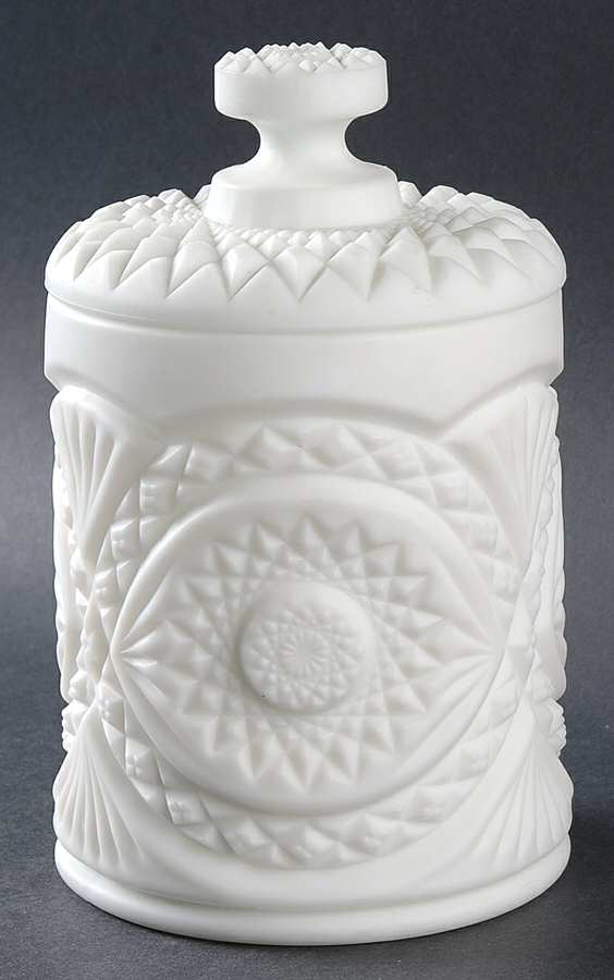 Hobstar Milkglass Satin (Doeskin) Cookie Jar & Lid by Imperial Glass-Ohio-1