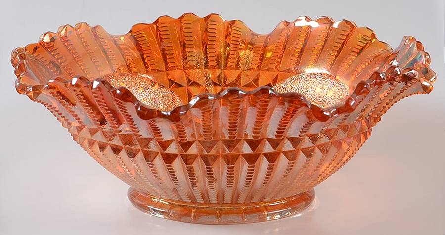 Scroll Embossed File Marigold 9" Round Crimped Bowl by Imperial Glass-Ohio-1