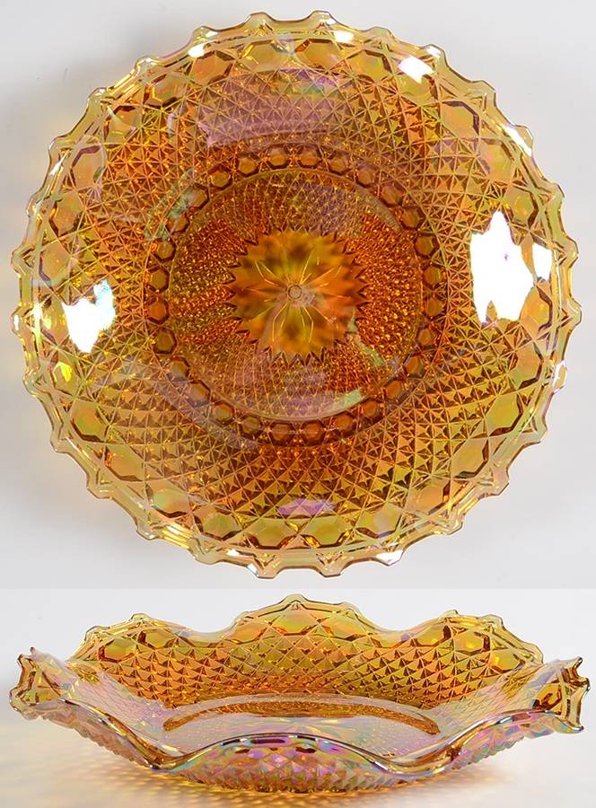 1263-Amber Carnival 10" Round Crimped Bowl by Indiana Glass-1