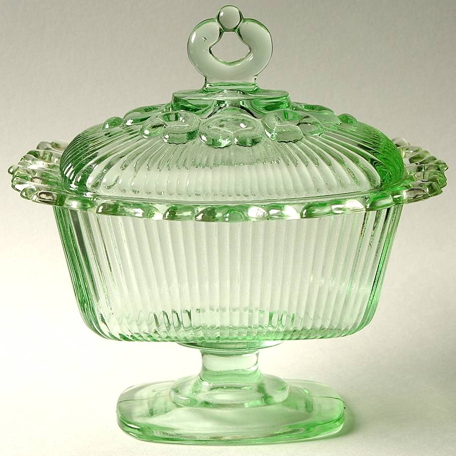 Lace Edge Green (Light Apple Green) Footed Candy Box & Lid by Indiana Glass-1