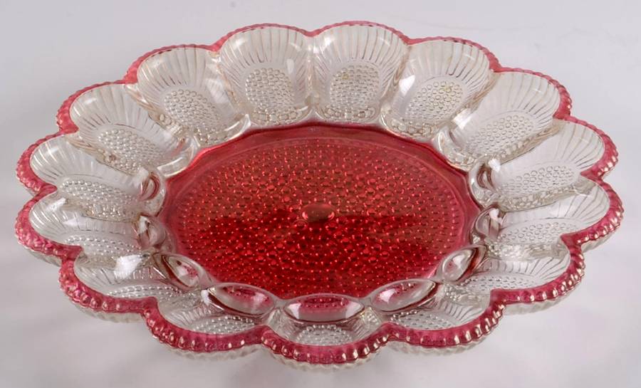 Hobnail (Red Trim) 11" 15 Egg, Round Egg & Relish Tray by Indiana Glass-1