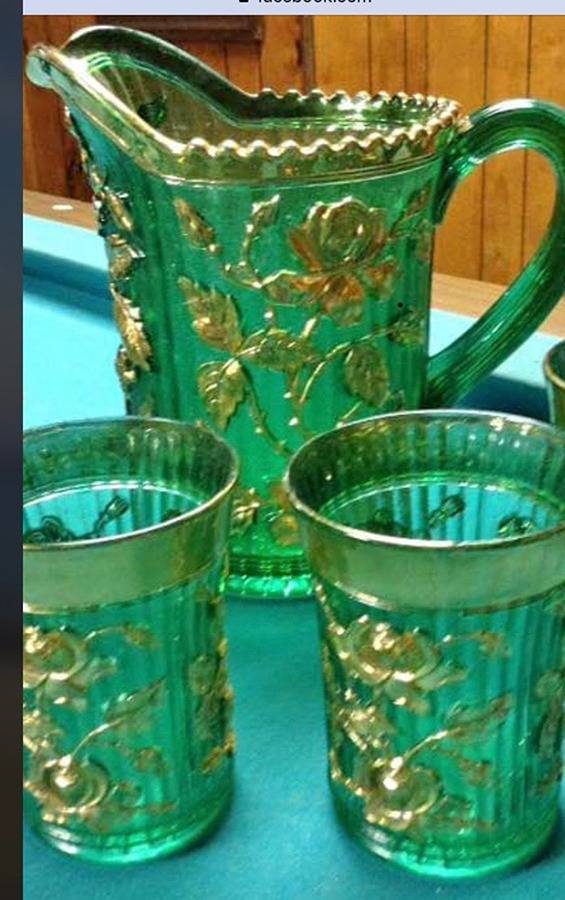 Open Rose Green-Gold (Nu-Green) Pitcher by Imperial Glass-Ohio-1