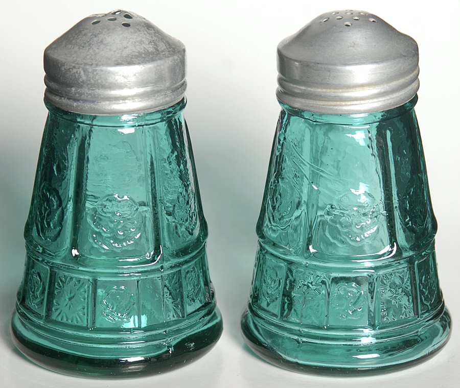Doric and Pansy Teal Green Shaker Set w/Metal Lids by Jeannette-1