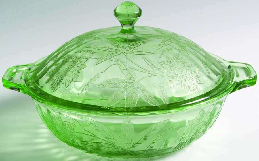 Floral Green Covered Round Vegetable, 9" Base by Jeannette-1