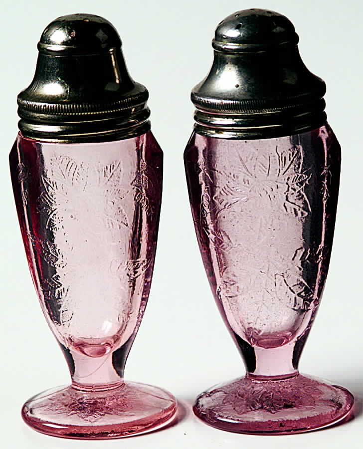 Floral Pink Footed Shaker Set & Metal Lids by Jeannette-1