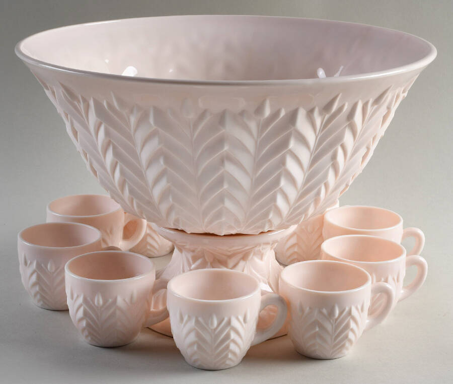 Shell Pink Milk Glass (14 Piece) Punch Set (Bowl ,Stand &12 Cups) by Jeannette-1