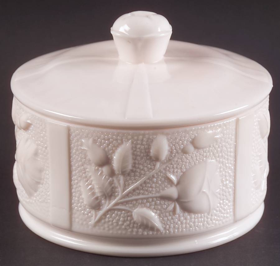 Shell Pink Milk Glass Powder Jar & Lid by Jeannette-1