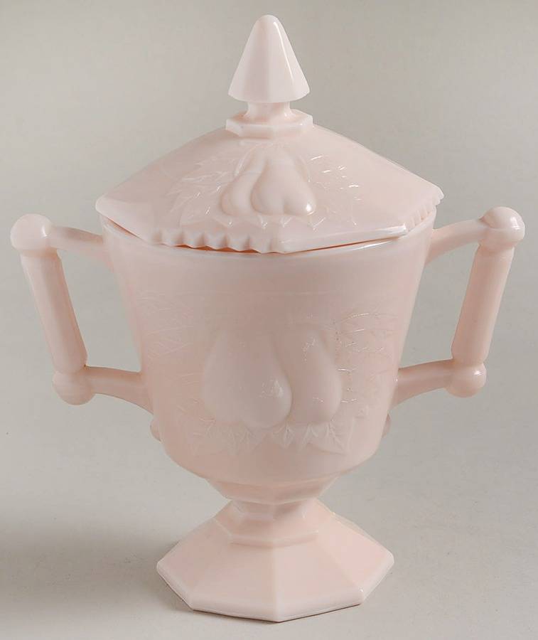 Shell Pink Milk Glass Footed Sugar Bowl & Lid by Jeannette-1