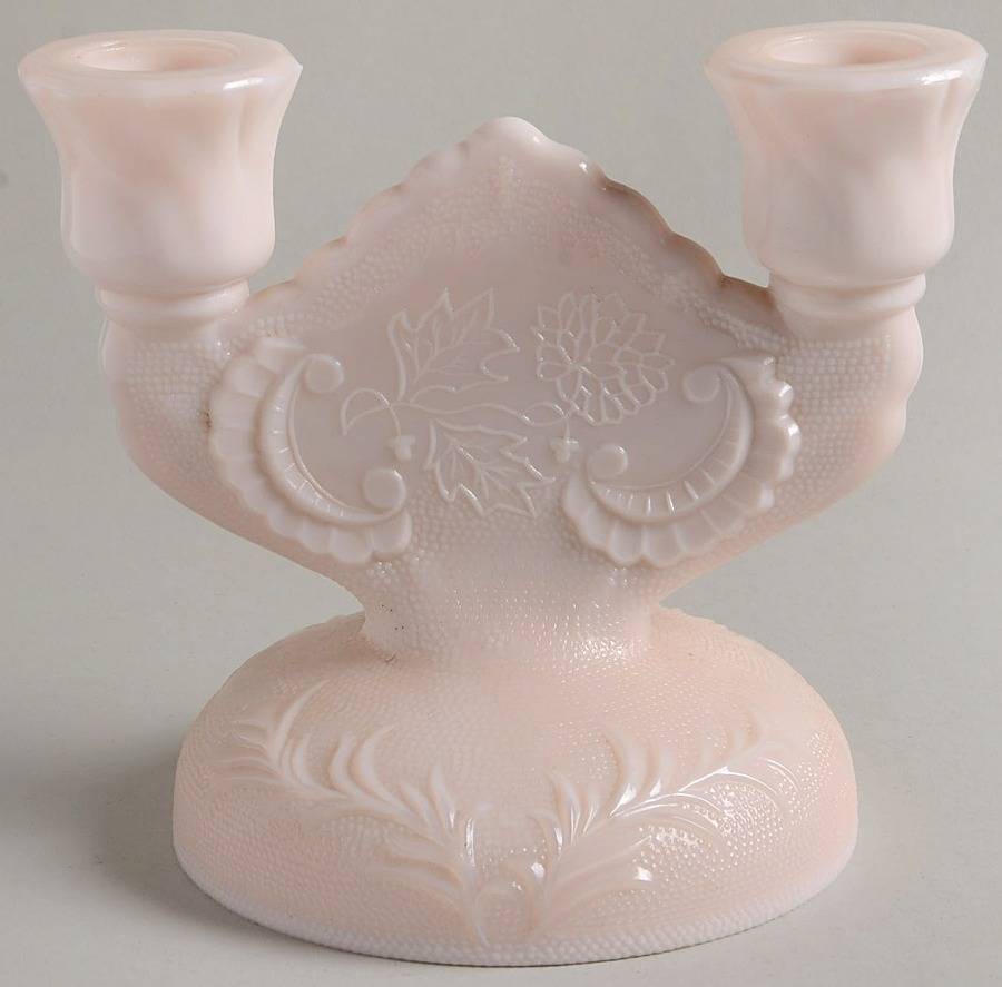 Shell Pink Milk Glass Double Light Candlestick by Jeannette-1