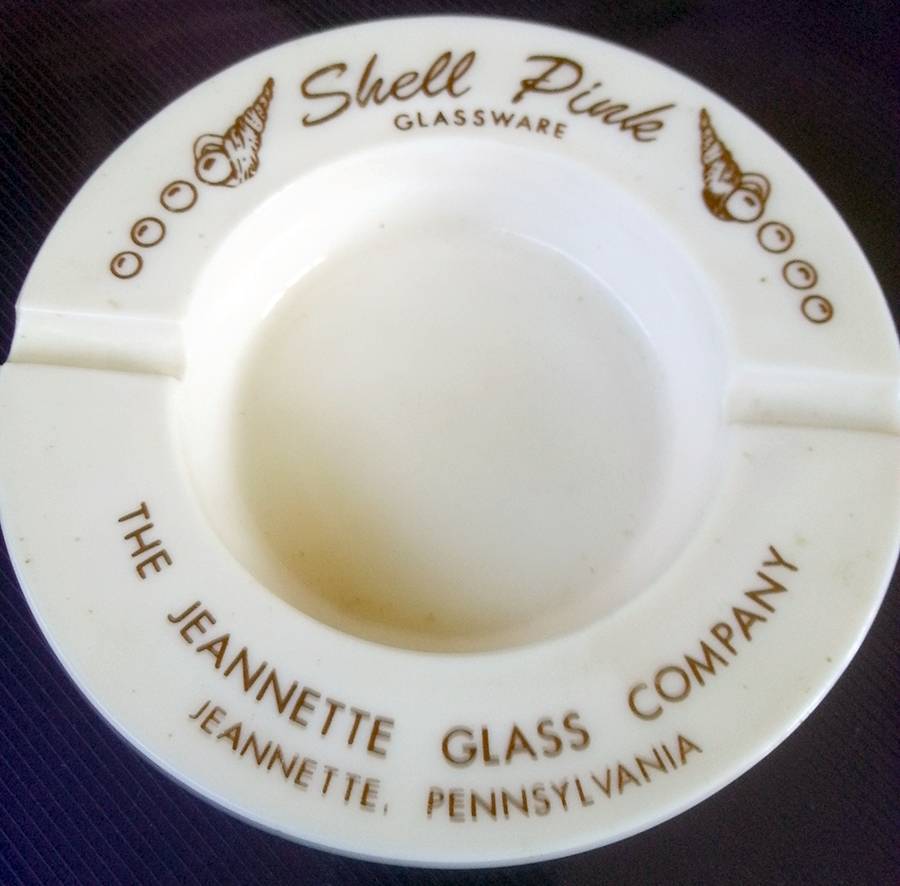 Shell Pink Milk Glass Ashtray with Advertisement by Jeannette-1