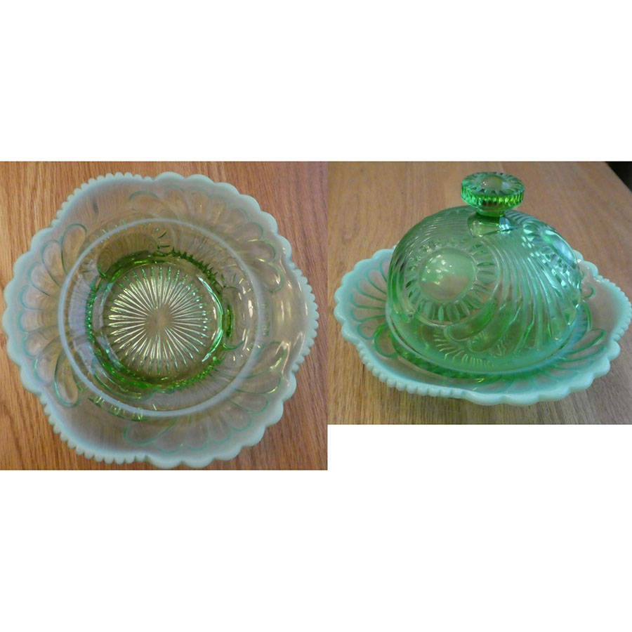 Tokyo Green Opalescent Round Covered Butter by Jefferson Glass-1