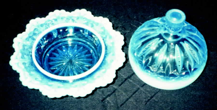 Iris with Meander Blue Opalescent Round Covered Butter by Jefferson Glass-1